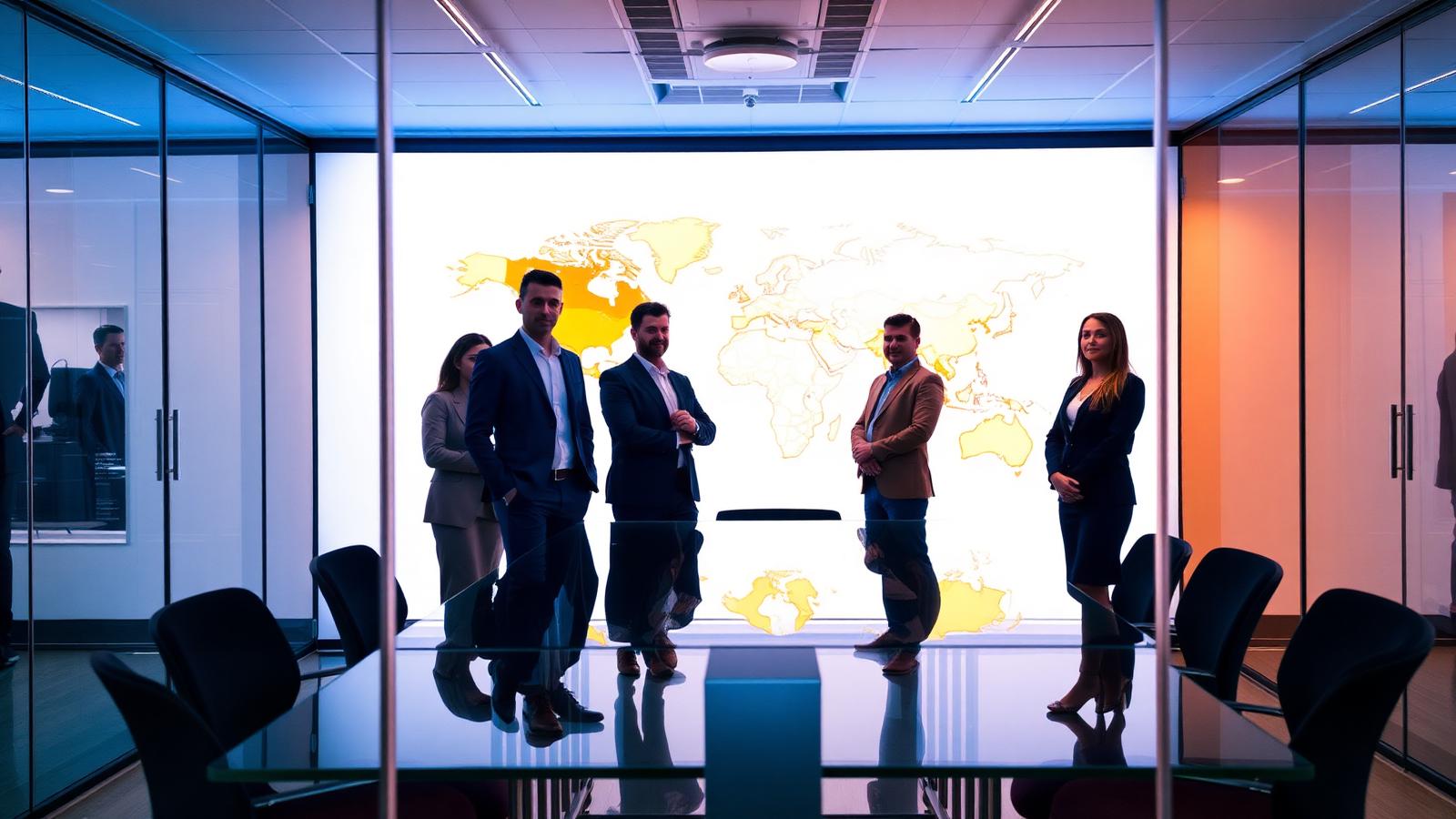 Crestline Global leadership team in conference room with world map