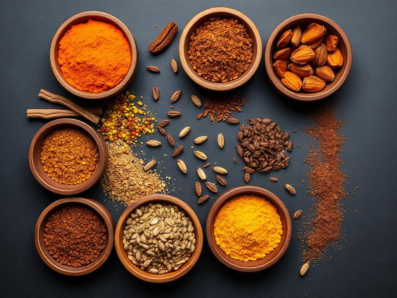 Assorted spices in wooden bowls